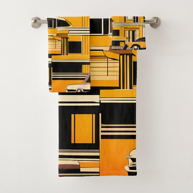 Retro Cars Geometric Mustard Mid Century  Bath Towel Set (Insitu)
