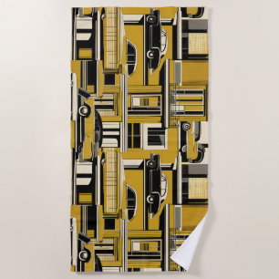 Retro Cars Geometric Mustard Mid Century  Beach Towel