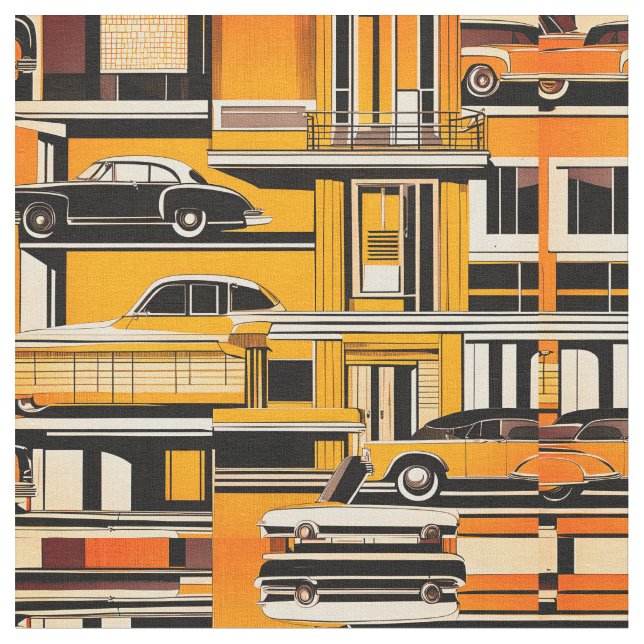 Retro Cars Geometric Mustard Mid Century  Fabric (Close Up)
