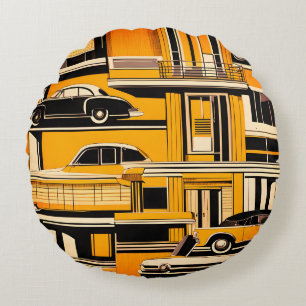 Retro Cars Geometric Mustard Mid Century Round Pillow