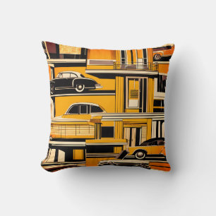 Retro Cars Geometric Mustard Mid Century  Throw Pillow