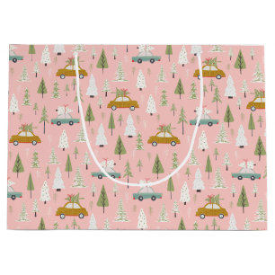Retro Cars Pink Christmas Woodland Trees forest Large Gift Bag