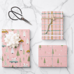 Retro Cars Pink Christmas Woodland Trees Wrapping Paper Sheet