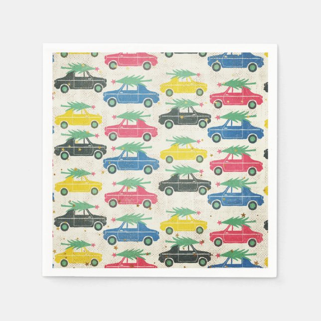 Retro Cars with Christmas Trees on Top Napkin (Front)