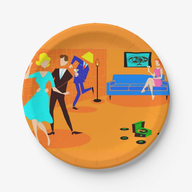 Retro Cartoon Cocktail Party Paper Plate (Front)