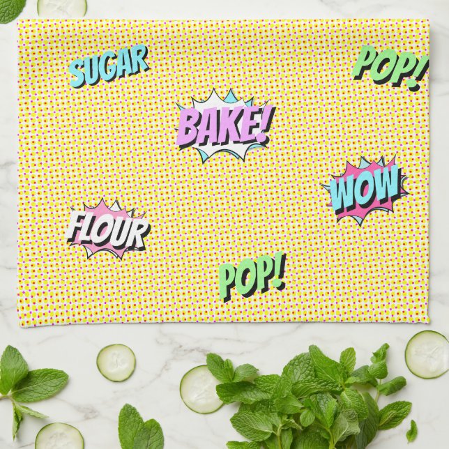 Retro Cartoon Colourful Pop Art Fun Bakery Chef Kitchen Towel (Folded)