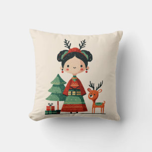 Retro Cartoon Frida Kahlo Simple Cute Christmas Throw Pillow