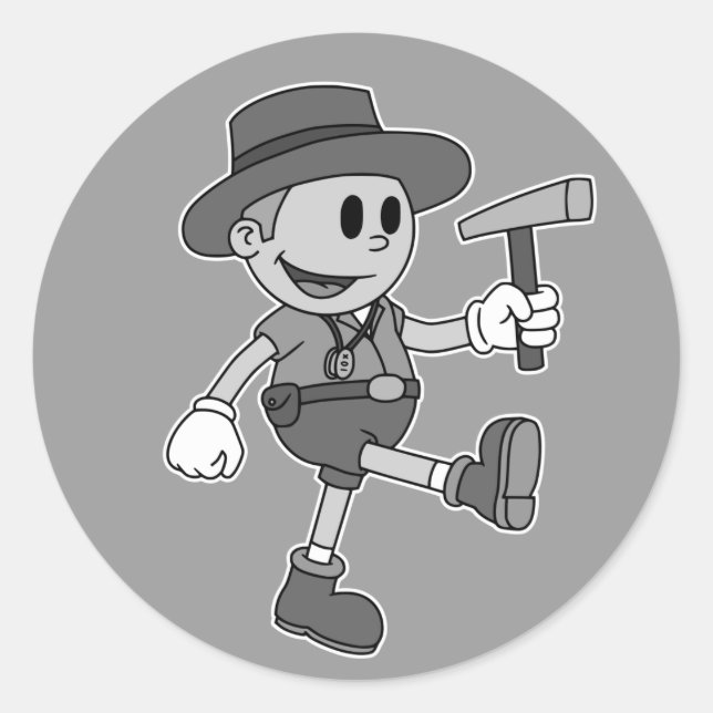 Retro Cartoon Geologist (Black and White) Classic Round Sticker (Front)