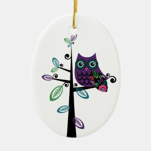 Retro Cartoon Owl in His Funky Tree Ceramic Ornament