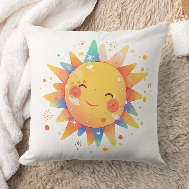 Retro Cartoon Sunshine Retro Orange Nursery Throw Pillow (Blanket)