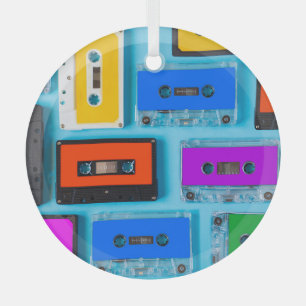 Retro Cassette: Blue Background Collection Glass Ornament