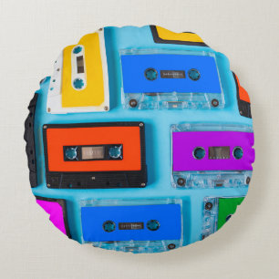 Retro Cassette: Blue Background Collection Round Pillow