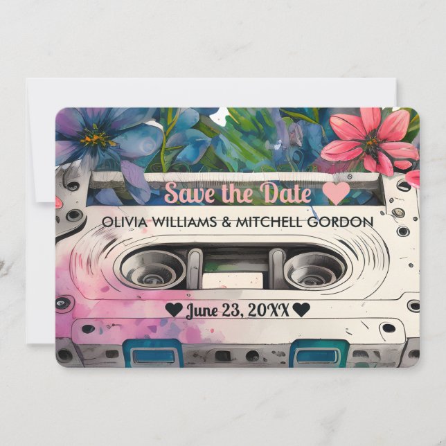 Retro Cassette | Floral Wedding Save the Date Invitation (Front)