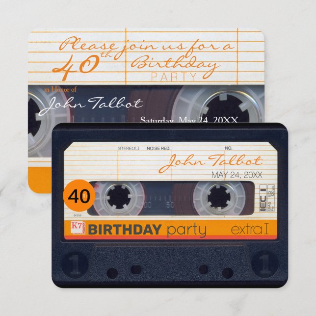 Retro Cassette tape 40th birthday Party Invitation (Front/Back)