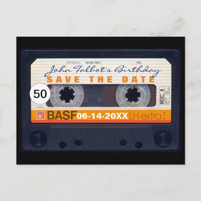 Retro Cassette Tape 50th birthday Save the date PC Announcement Postcard (Front)