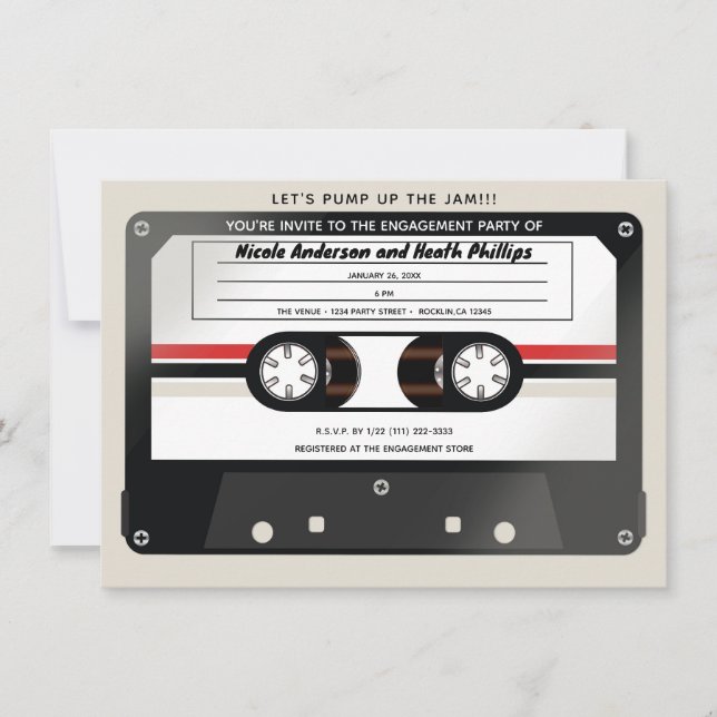 Retro Cassette Tape Beige Grey 90's Engagement  Invitation (Front)