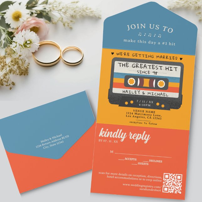 Retro Cassette Tape Greatest Hit Wedding All In One Invitation (Blue and Orange Retro Cassette Tape Greatest Hit Wedding All In One Invitation)