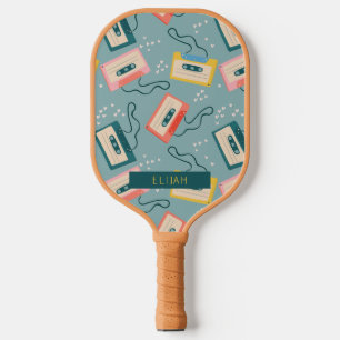 Retro Cassette Tape Pattern Blue Pickleball Paddle