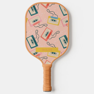 Retro Cassette Tape Pattern Pink Pickleball Paddle