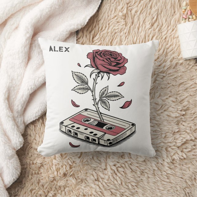 Retro Cassette Tape Rose Personalized Name  Throw Pillow (Blanket)