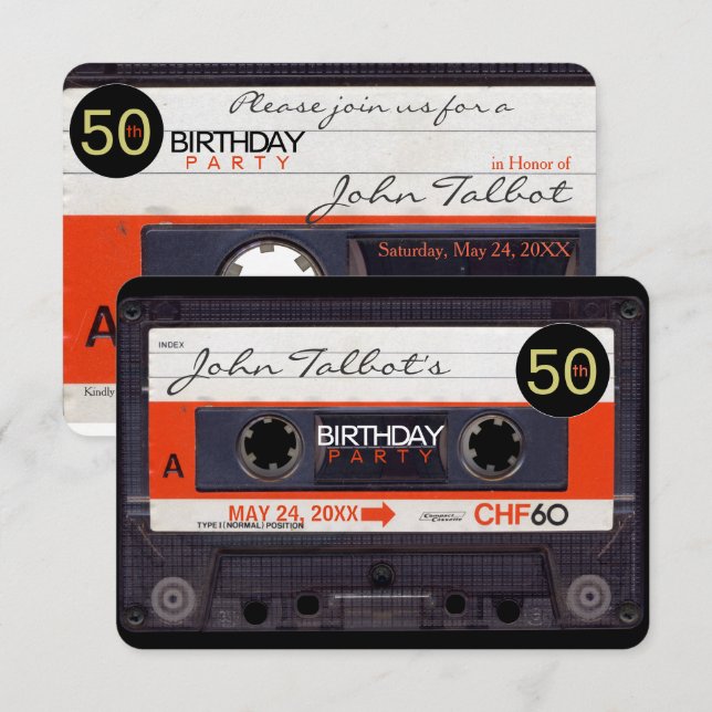 Retro Cassette Tape S 50th birthday Party Inv Invitation (Front/Back)