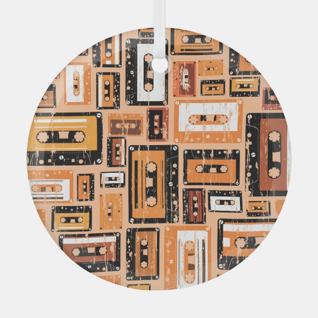 Retro Cassette Tape Seamless Pattern Glass Ornament (Front)