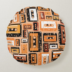 Retro Cassette Tape Seamless Pattern Round Pillow
