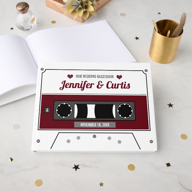 Retro Cassette Tape Wine Red Wedding  Guest Book (Front Open)