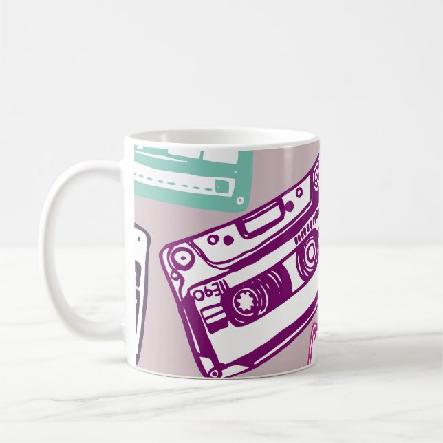 Retro cassette tapes, hand-drawn pattern. coffee mug (Left)