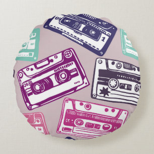Retro cassette tapes, hand-drawn pattern. round pillow