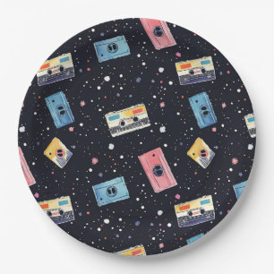 Retro Cassette Tapes in Cosmic Space Paper Plate
