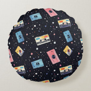 Retro Cassette Tapes in Cosmic Space Round Pillow