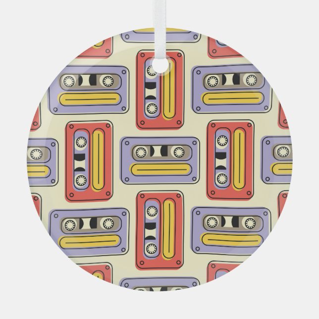 Retro cassette tapes: seamless pattern. glass ornament (Front)