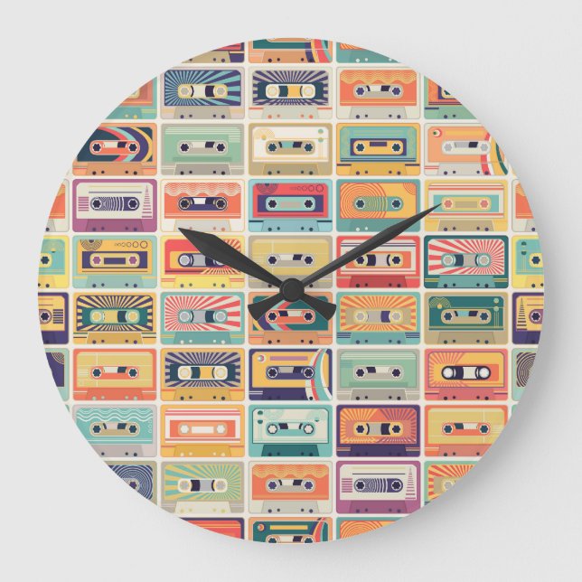 Retro Cassette Tapes Vintage Pattern. Large Clock (Front)