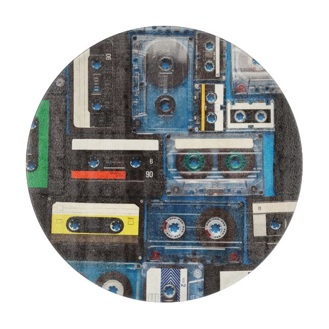 Retro Cassettes: Blue Background Vintage. Cutting Board (Front)