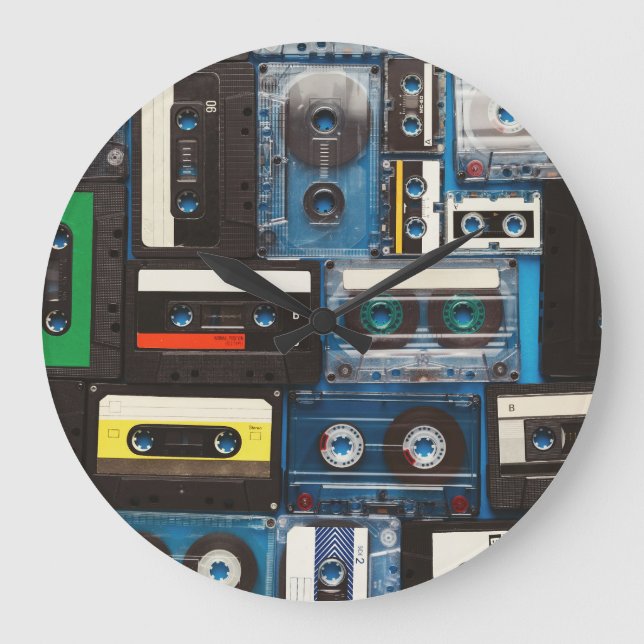 Retro Cassettes: Blue Background Vintage. Large Clock (Front)