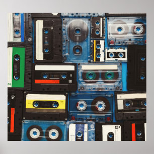 Retro Cassettes: Blue Background Vintage. Poster
