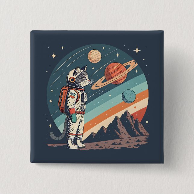 Retro Cat Astronaut Cosmic Space Illustration 2 Inch Square Button (Front)