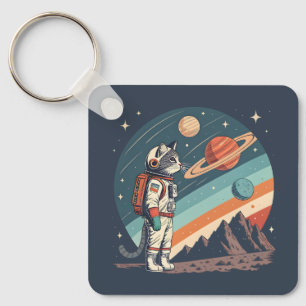 Retro Cat Astronaut Cosmic Space Illustration Keychain