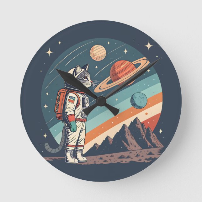 Retro Cat Astronaut Cosmic Space Illustration Round Clock (Front)