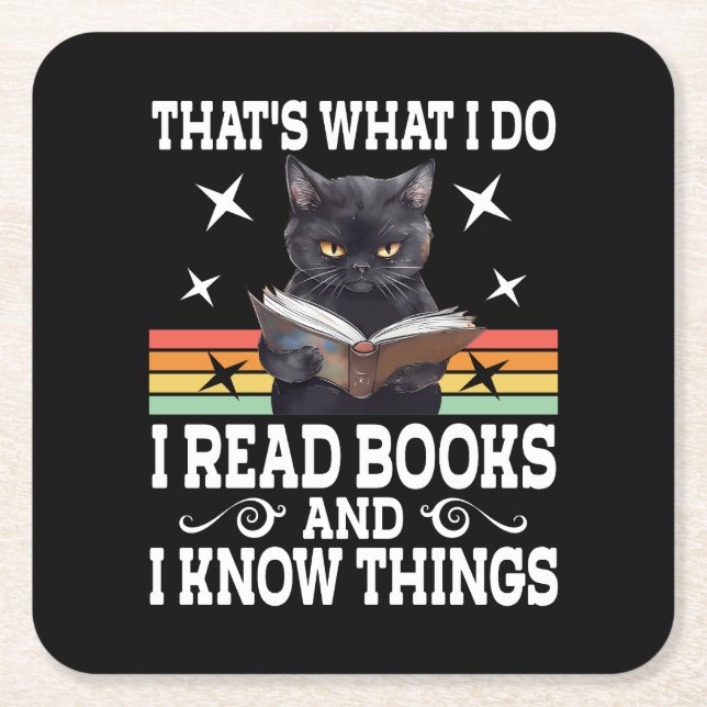 Retro Cat Books The Reader Halloween Reading Gift Square Paper Coaster (Front)