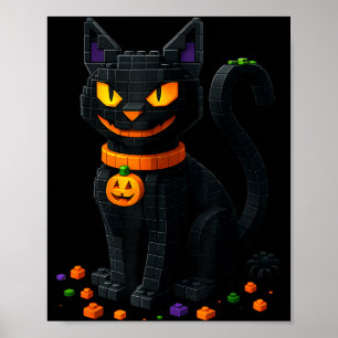 Retro Cat Brick Blocks Halloween Black Cat Poster