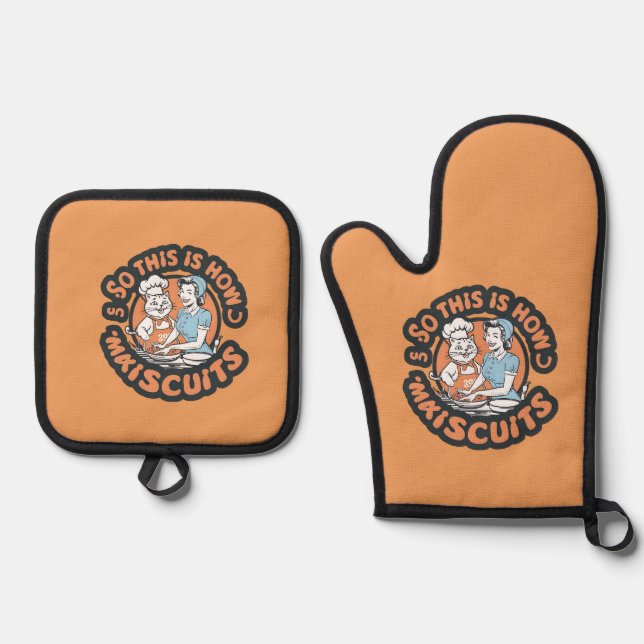 Retro Cat Chef Maiscuits Baking Art Oven Mitt & Pot Holder Set (Front)