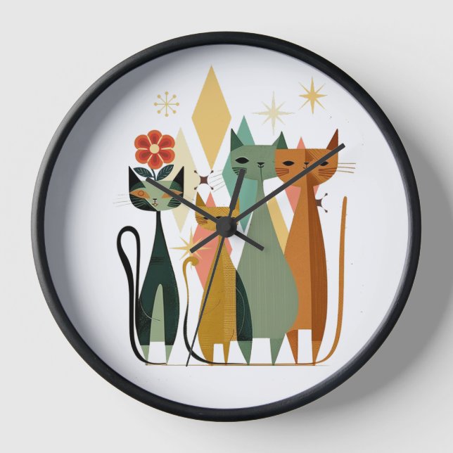 Retro Cat Clock, Mid-Century Cat Clock, Wall Decor Clock (Front)