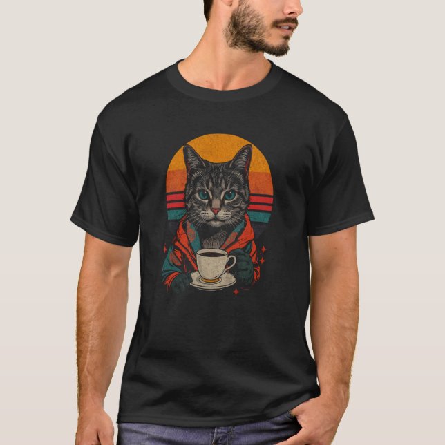 Retro Cat Drinking Coffee Synthwave Vaporwave Coff T-Shirt (Front)