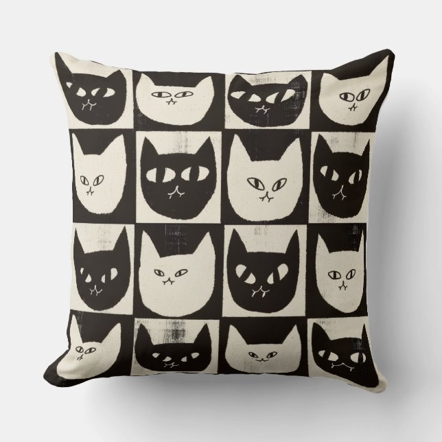 Retro Cat Grid Pattern Throw Pillow (Front)