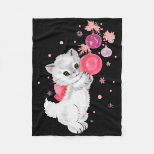 Retro Cat Kitten Plays With Pink Christmas Ornamen Fleece Blanket