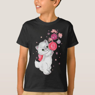 Retro Cat Kitten Plays With Pink Christmas Ornamen T-Shirt