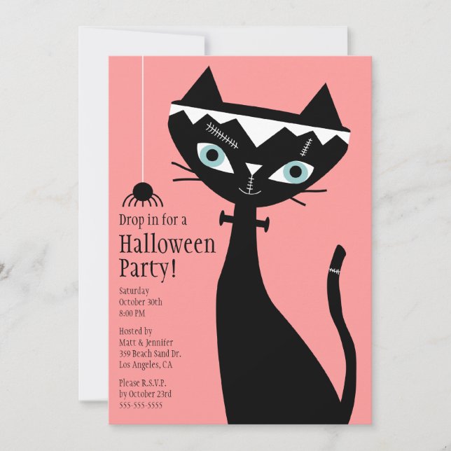 Retro Cat of Frankenstein Halloween Party Invite (Front)