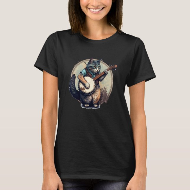 Retro Cat Playing Banjo Cute Kitten Banjo Player C T-Shirt (Front)